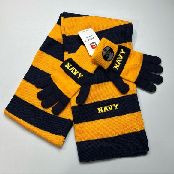 NWT Navy Striped Glove And Scarf Set Logofit Medium Gloves - Picture 1 of 9